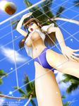  ball beach_volleyball bikini blue_eyes breasts brown_hair day dead_or_alive from_below hitomi_(doa) jumping large_breasts long_hair non-web_source solo swimsuit tropical underboob volleyball 