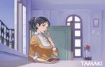  black_hair book collarbone flower holding indoors long_sleeves looking_at_viewer original ponytail rose solo table tamaki_g_(artist) text_focus upper_body vase window yawning 