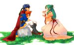  1girl artist_request blue_eyes blue_hair cape dress elincia_ridell_crimea fire_emblem fire_emblem:_souen_no_kiseki food gloves green_hair half_updo headband ike long_hair red_eyes 