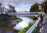  animal_ears black_hair bridge cat_ears guard_rail house multiple_girls multiple_tails nekomata original outdoors road road_sign sakenotorii scenery sign stream street tail town water waving 