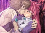  1girl blush brave_soul brown_hair caroll_kirkland closed_eyes game_cg hug long_hair mogudan muscle open_mouth pink_hair rudy_(brave_soul) 