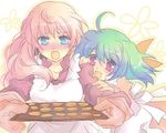  :d :o amano apron baking_sheet blonde_hair blue_eyes blush breasts cookie cooking dress fang food green_hair large_breasts long_hair macross macross_frontier multiple_girls open_mouth oven_mitts ranka_lee red_eyes sheryl_nome short_hair smile 