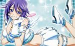  angel_wings arm_grab artist_request blue_eyes blush breasts candy cleavage food gloves high_heels jewelry large_breasts lollipop lying midriff necklace on_stomach purple_hair ring rosario+vampire shirayuki_mizore shoes short_hair skirt smile solo swirl_lollipop wings 