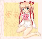  aqua_eyes barefoot blonde_hair blue_eyes blush bow breasts gmx hair_ornament hair_ribbon kamikita_komari kneeling little_busters! medium_breasts panties pink_bow ribbon school_uniform short_hair smile solo underwear zoom_layer 