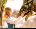  3d :d bangs bird chocobo day earrings final_fantasy final_fantasy_iii hug jewelry lace leaf long_hair monster nature official_art open_mouth orange_eyes orange_hair outdoors parted_bangs profile realistic refia sky smile solo tree turtleneck upper_body vest wallpaper 