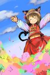  \o/ animal_ears arms_up bow bowtie brown_hair cat_ears cat_tail chen closed_eyes cloud day earrings flower hair_flower hair_ornament highres jewelry midriff navel outstretched_arms rotan short_hair sky smile solo tail touhou 