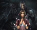  1girl aerith_gainsborough bad_id bad_pixiv_id bow bracelet cropped_jacket feathers final_fantasy final_fantasy_vii jewelry miche pink_bow realistic sephiroth 
