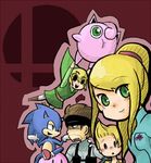  4boys artist_request black_eyes blonde_hair brown_hair furry gen_1_pokemon gloves green_eyes headband jigglypuff kirby kirby_(series) link lowres lucas metal_gear_(series) metal_gear_solid metroid mother_(game) mother_3 multiple_boys pokemon pokemon_(creature) ponytail quiff samus_aran smile solid_snake sonic sonic_the_hedgehog super_smash_bros. the_legend_of_zelda toon_link zero_suit 