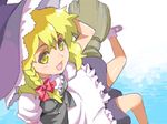  blonde_hair bow braid broom broom_riding colored_eyelashes eyelashes from_above hair_bow hand_on_headwear hat kirisame_marisa mattaku_mousuke open_mouth side_braid smile solo touhou water witch_hat yellow_eyes 
