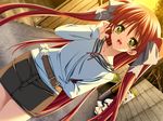  :d adjusting_hair belt casual dutch_angle game_cg hair_ribbon hidamari kurebayashi_yayoi long_hair miniskirt non-web_source open_mouth outdoors pencil_skirt red_hair ribbon senomoto_hisashi skirt smile solo standing sunset twintails very_long_hair yellow_eyes 