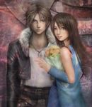  1girl arm_warmers bad_id bad_pixiv_id belt blue_eyes brown_eyes brown_hair couple final_fantasy final_fantasy_viii hetero jacket jewelry miche necklace ring rinoa_heartilly scar sleeveless_duster smile squall_leonhart v 