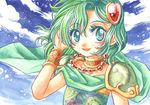  bad_id bad_pixiv_id blush cape child cuffs final_fantasy final_fantasy_iv flat_chest green_eyes green_hair hair_ornament heart heart_hair_ornament jewelry long_hair necklace rydia sayaka_mako smile solo younger 