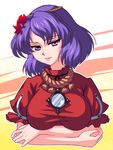  breast_hold breasts crossed_arms hair_ornament hairband hanazuka_ryouji large_breasts leaf_hair_ornament mirror purple_eyes purple_hair seductive_smile short_hair smile solo touhou yasaka_kanako 