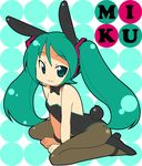  :3 animal_ears azumi_haruhito bad_id bad_pixiv_id bunny_ears bunnysuit green_eyes green_hair hatsune_miku headphones high_heels kneeling long_hair microphone pantyhose shoes solo twintails vocaloid 