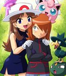  1boy 1girl black_dress blue_(pokemon) blue_eyes brown_eyes brown_hair clothed_pokemon ditto dress gen_1_pokemon gen_2_pokemon gloves hands_on_shoulders hat jigglypuff long_hair lowres murkrow orange_hair pokemoa pokemon pokemon_(creature) pokemon_special porkpie_hat silver_(pokemon) smile sneasel standing_on_head transformed_ditto 