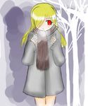  :o blonde_hair blush coat flying_snail hair_over_one_eye hands highres long_hair open_mouth outdoors red_eyes scarf sketch solo standing tree winter 