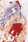  1990s_(style) 1girl artbook bow cardcaptor_sakura cherry_blossoms clamp_(circle) closed_mouth daidouji_tomoyo eyebrows flower hair_bow hakama hakama_skirt holding holding_umbrella japanese_clothes kimono long_hair long_sleeves lowres meiji_schoolgirl_uniform parasol petals pink_flower purple_eyes purple_hair red_bow red_hakama retro_artstyle skirt smile solo traditional_media umbrella wavy_hair wide_sleeves yagasuri 