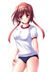  artist_request blush breasts brown_hair buruma copyright_request covered_nipples gym_uniform headband medium_breasts red_eyes short_hair simple_background solo source_request white_background 