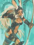  animal_ears armor bow_(weapon) bunny_ears dark_skin ears_through_headwear final_fantasy final_fantasy_xii fingernails fran furikawa_arika helmet long_hair navel red_eyes revealing_clothes smile solo very_long_hair viera weapon white_hair 