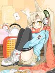  animal_ears blush boots char cigarette face headphones kettle laces leg_hug long_hair messy orange_scarf original ponytail scarf shoes shorts sitting smoking sneakers solo thighhighs yellow_eyes 