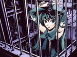  :p aqua_eyes aqua_hair armpits arms_up bdsm bondage bound cage detached_sleeves hatsune_miku long_hair necktie solo tongue tongue_out torigoe_takumi twintails vocaloid 