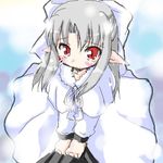 artist_request blush dress half_updo lowres melty_blood pointy_ears red_eyes ribbon sad silver_hair snow solo tsukihime white_len 