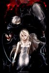  1girl artist_request bare_shoulders black_armor black_gloves blonde_hair collarbone cowboy_shot dress final_fantasy final_fantasy_iv gloves golbeza looking_at_viewer monster red_eyes rosa_farrell size_difference sleeveless sleeveless_dress white_dress 