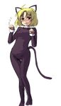  ahoge animal_ears aobachi_ichigou blonde_hair blush cat_ears cat_tail catsuit costume looking_at_viewer lunasa_prismriver paw_pose short_hair solo standing tail thigh_gap touhou 