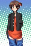  bad_id bad_pixiv_id blush bob_cut brown_eyes brown_hair denim gakuran headband jeans little_busters! male_focus masayu naoe_riki oversized_clothes pants school_uniform solo 