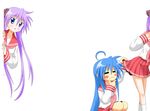  :3 =_= ahoge blue_eyes blue_hair blush blush_stickers hair_ribbon hiiragi_kagami hiro_yoshinaka izumi_konata kneehighs long_hair lucky_star midriff mole mole_under_eye multiple_girls peeking_out pleated_skirt purple_hair ribbon ryouou_school_uniform school_uniform serafuku skirt skirt_lift socks twintails very_long_hair white_legwear 