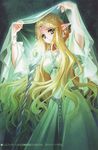  aquarian_age bangle blonde_hair bracelet carnelian dress elf green_eyes highres jewelry long_hair pointy_ears solo staff translated veil very_long_hair 