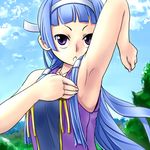  arm_up armpits bangs blue_hair blunt_bangs hair_tubes kannagi long_hair nagi purple_eyes solo tezunuri 