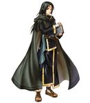  belt black_hair book cape facial_mark fire_emblem fire_emblem:_akatsuki_no_megami fire_emblem:_souen_no_kiseki forehead_mark highres kita_senri long_hair male_focus official_art red_eyes sandals solo soren 