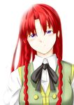  blue_eyes blush bow bowtie braid highres hong_meiling long_hair looking_at_viewer niwatazumi purple_eyes red_hair side_braid sketch smile solo touhou twin_braids upper_body 