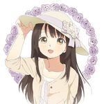  :d bad_id bad_pixiv_id brown_eyes brown_hair floral_background flower hand_on_headwear happy hat hat_flower long_hair looking_at_viewer open_mouth original shizuko_(chipccchip) smile solo sweater upper_body 