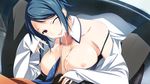  1girl blue_hair breasts cum cum_on_body cum_on_breasts cum_on_upper_body fellatio game_cg labcoat large_breasts material_brave material_brave_ignition necktie nipples nishikiori_shiori oral penis red_eyes tie wink 