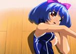  animated animated_gif blue_hair breasts cum cum_on_body erogos facial mahotama may_(mahotama) red_eyes saliva swimsuit tan 