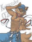  biceps brown_fur canine chirenbo collar fur green_eyes happy hat leash looking_at_viewer male mammal muscles open_mouth pecs smile solo teeth topless wolf yellow_eyes 