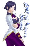  anniversary black_hair blue_eyes breasts cleavage cleavage_cutout cravat elisabeth_blanctorche jacket large_breasts leo_(liberale) short_hair solo standing the_king_of_fighters 