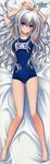  1girl absurdres armpits arms_up barefoot blush breasts collarbone dakimakura feet female genderswap highres kisakinomiya_chihaya legs long_hair long_image looking_at_viewer lying name_tag norita on_back one-piece_swimsuit otome_wa_boku_ni_koi_shiteru otome_wa_boku_ni_koishiteru otome_wa_boku_ni_koishiteru_futari_no_elder purple_eyes scan school_swimsuit smile solo swimsuit tall_image toes white_hair 