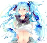  bad_id bad_pixiv_id blue_eyes bottle_miku hair_ribbon hanamori hatsune_miku liquid_hair long_hair midriff navel ribbon school_uniform serafuku shirt_lift vocaloid 