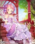  arm_garter bare_shoulders bird blush boots breasts choker cleavage cocorip dress flower frills gloves hair_ribbon long_hair looking_at_viewer medium_breasts original pink_hair purple_eyes ribbon sitting solo tiara white_gloves 