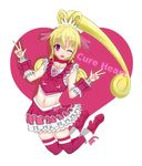  aida_mana blonde_hair bow character_name choker color_connection cosplay cure_heart cure_melody cure_melody_(cosplay) curly_hair dokidoki!_precure double_v earrings half_updo heart jewelry long_hair magical_girl midriff nmaoh pink pink_bow pink_choker pink_eyes pink_legwear ponytail precure ribbon skirt smile solo suite_precure thighhighs v 