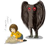  &#24067;&#22243; brown_body brown_hair clothing cryptid cryptozoology cute female forked_tongue hair human japanese_mythology japanese_text kneeling mammal monster mothman mythology nightmare_fuel overweight plain_background red_eyes reptile scalie smile snake standing text tongue tongue_out translated tsuchinoko white_background wings young 