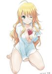  ;) ahoge bad_id bad_twitter_id barefoot between_breasts blonde_hair blush breasts cleavage dress_shirt full_body hoshii_miki idolmaster idolmaster_(classic) jpeg_artifacts kiya_shii large_breasts long_hair naked_shirt one_eye_closed shirt simple_background sitting smile solo wariza white_background 