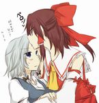  blue_eyes bow brown_hair couple detached_sleeves forehead_kiss hair_bow hair_tubes hakurei_reimu hug izayoi_sakuya kiss licking looking_at_another looking_up multiple_girls red_bow short_hair silver_hair simple_background touhou translated upper_body white_background yuri yuuta_(monochrome) 