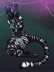  black_hair blue_eyes blue_hair breasts feline female fishnet hair looking_at_viewer mally mammal navel panties sitting sparkles stripes tartii tiger two_tone_hair underwear varry whiskers 