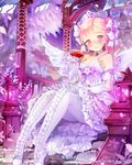  arm_garter bare_shoulders bird blush boots breasts choker cleavage cocorip dress frills gloves hair_ribbon long_hair looking_at_viewer original pantyhose pink_eyes pink_hair ribbon sitting small_breasts smile solo thigh_boots thighhighs tiara white_gloves white_legwear 