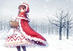  apron basket brown_hair cape capelet cosplay dress emia_wang forest hair_tubes hakurei_reimu hood little_red_riding_hood little_red_riding_hood_(grimm) little_red_riding_hood_(grimm)_(cosplay) long_sleeves looking_at_viewer looking_back nature pantyhose petticoat pink_eyes snow snowing solo touhou white_dress winter 