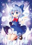  ahoge bloomers blue_eyes blue_hair blush bow cirno dress floating full_body hair_bow ice ice_wings icicle looking_at_viewer mary_janes mauve open_mouth ribbon shoes short_hair smile solo touhou underwear wings 